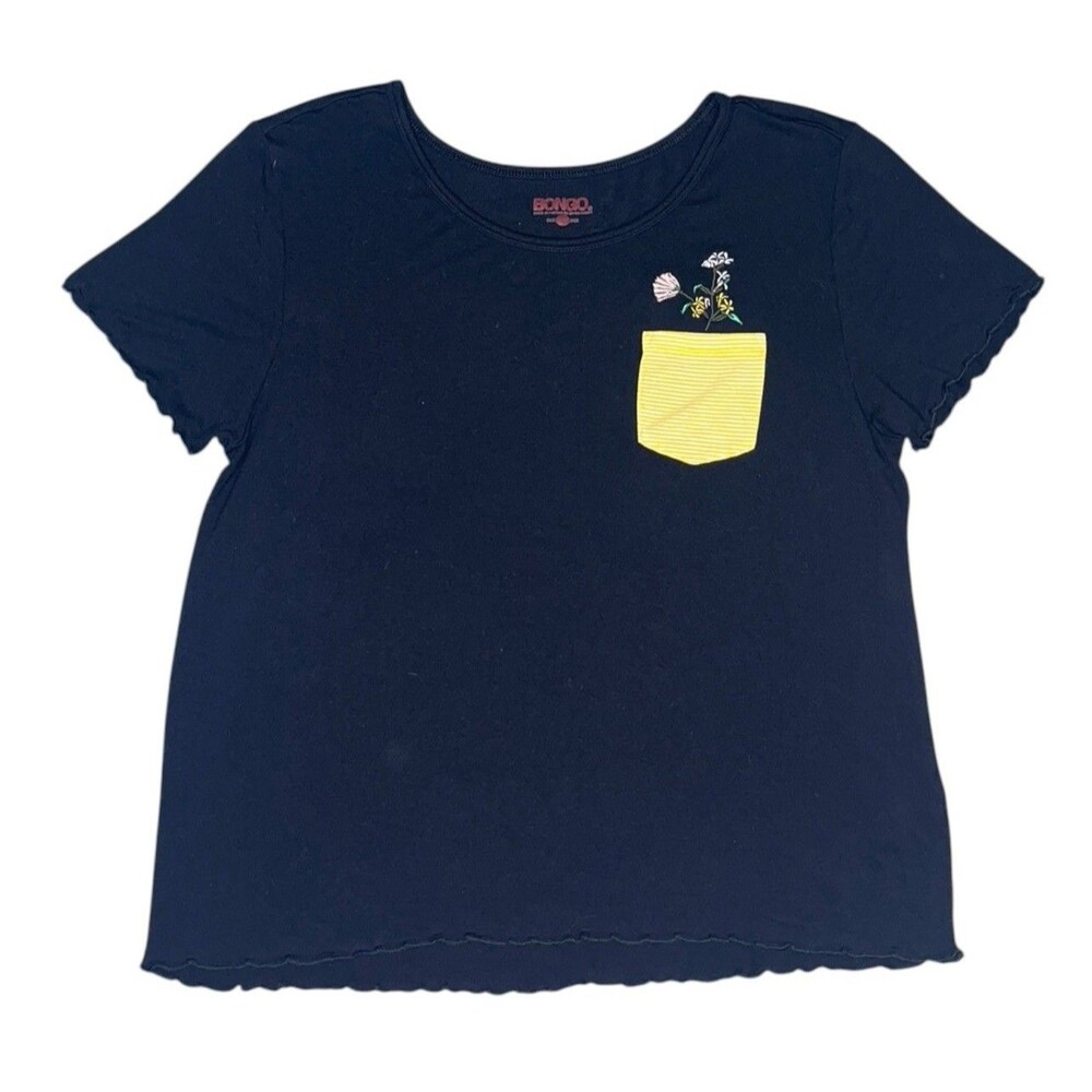 Bongo Y2K Baby Doll Tee Womens XL Black Striped Chest Pocket Lettuce Hem Girly
